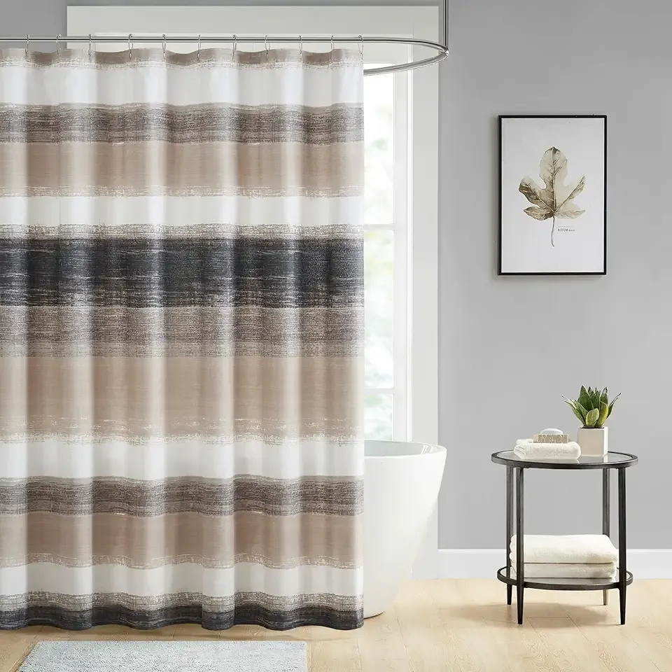 Madison Park Essentials Shower Curtain, Watercolor Print Multi Taupe Shower Curtain for Bath Room, Modern Bathroom Décor, Machine Washable, Microfiber Fabric Shower Curtain, Saben, 72x72 Taupe/Black