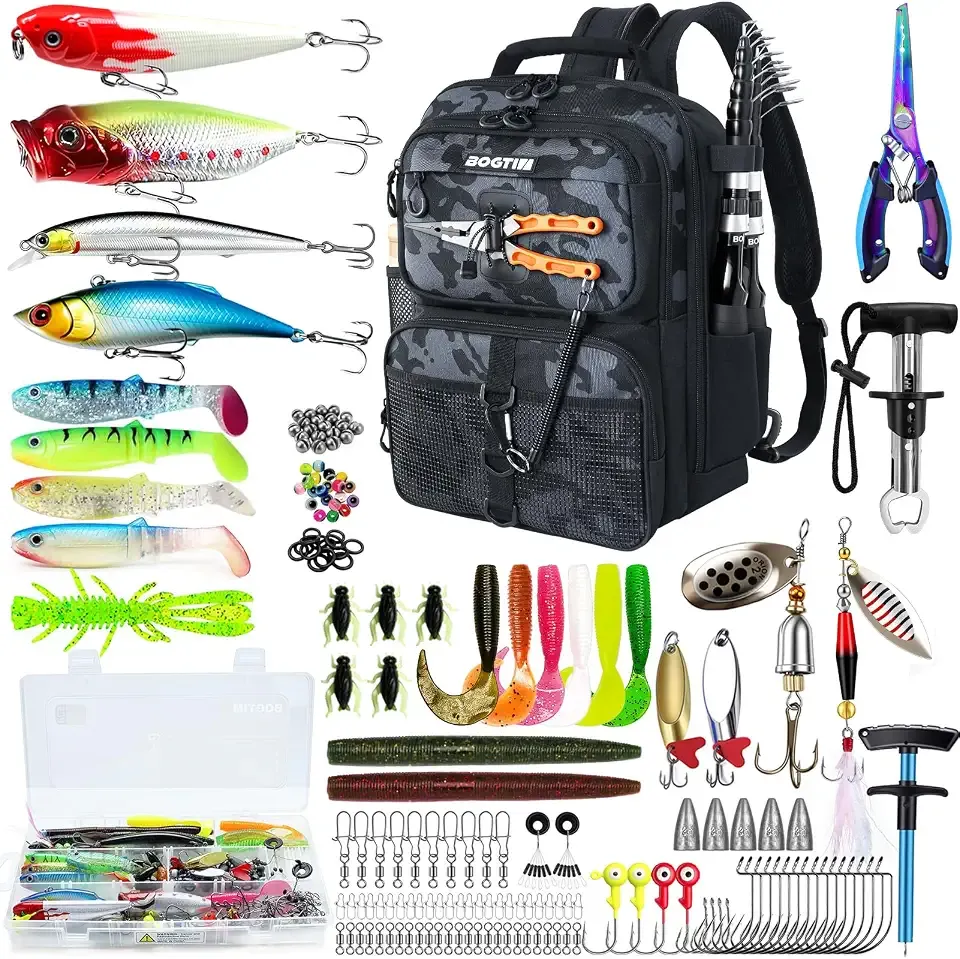 Fishing Backpack with Tackle Boxes and Lures Kit, Fish Gear, 2 Rod Holder