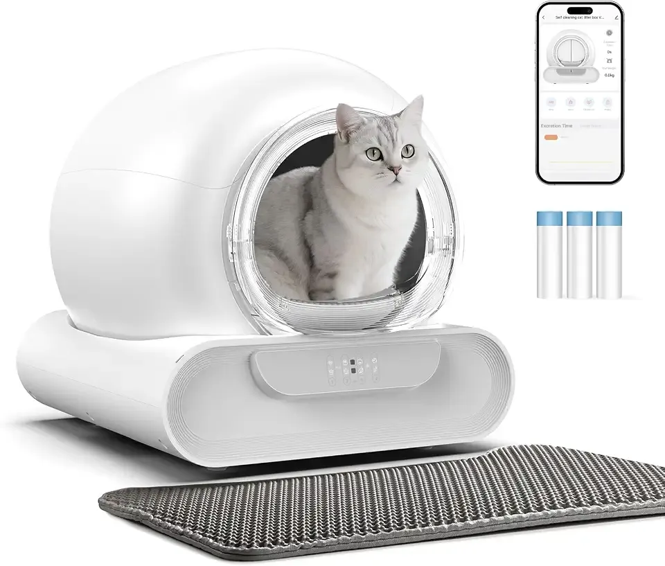 Self Cleaning Litter Box, Integrated Safety Automatic Cat Litter Box Self Cleaning 65L+9L for Multiple Cats, App Control, Odor Removal, Includes Door Curtains