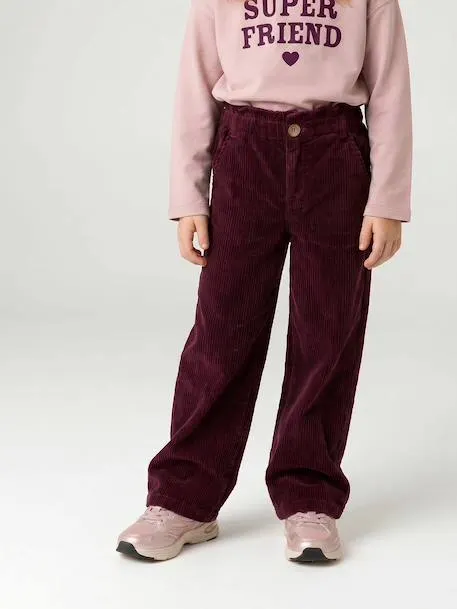 Pantalon fille large velours côtelé style paperbag -...