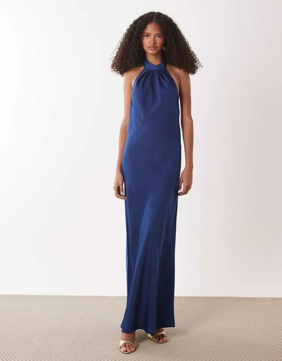 JDY halter neck satin maxi dress in navy