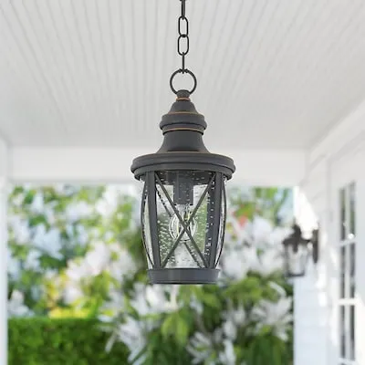 allen + roth Castine 1 -Light Bronze Craftsman Seeded glass Lantern Medium Outdoor Hanging Pendant Light