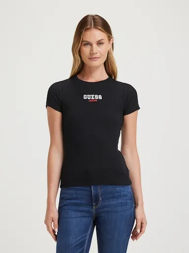 Guess Jeans Slim Rib Embroidered Tee In Black