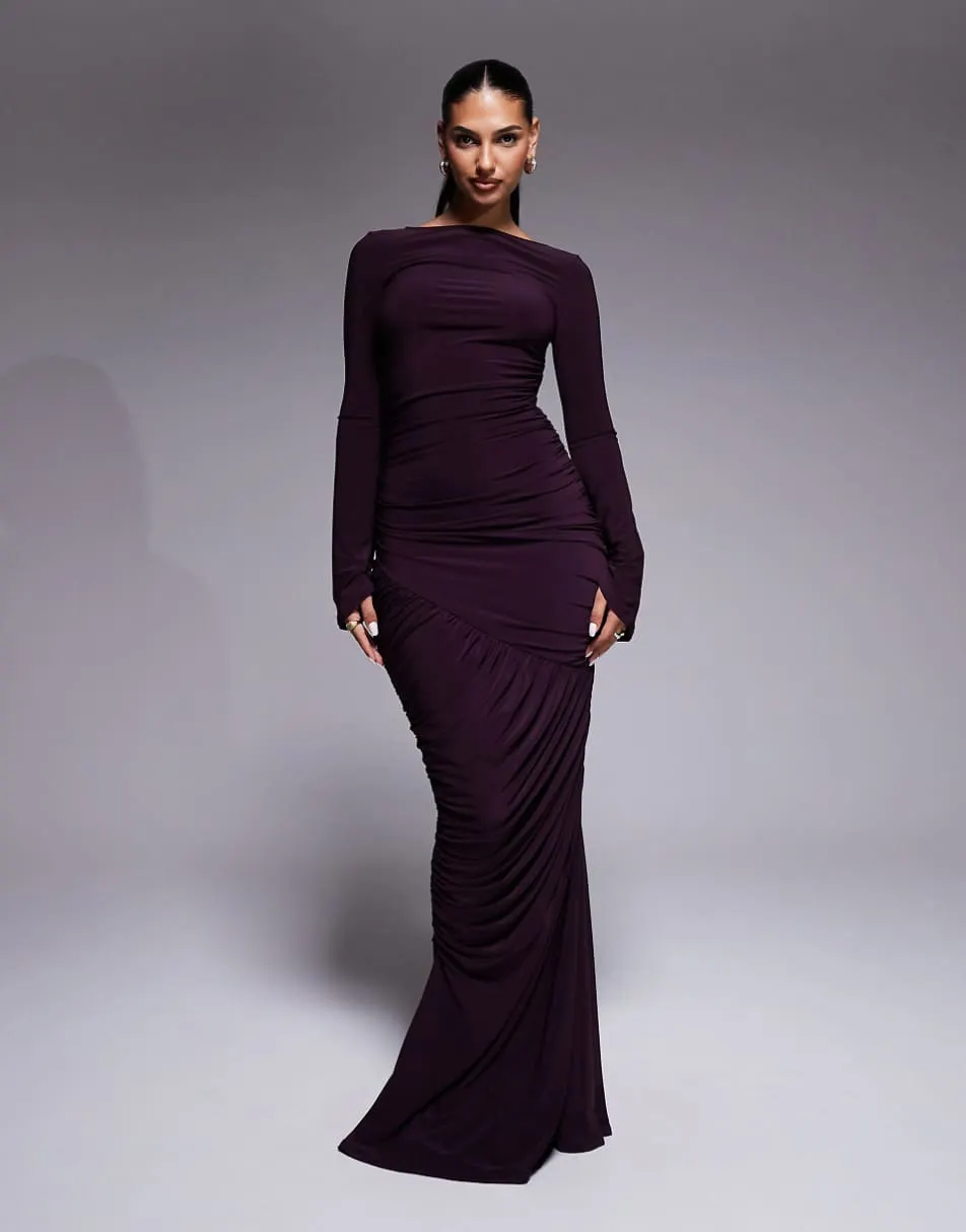 ASOS DESIGN sculpting gauged panelled maxi dress with long sleeves in plum