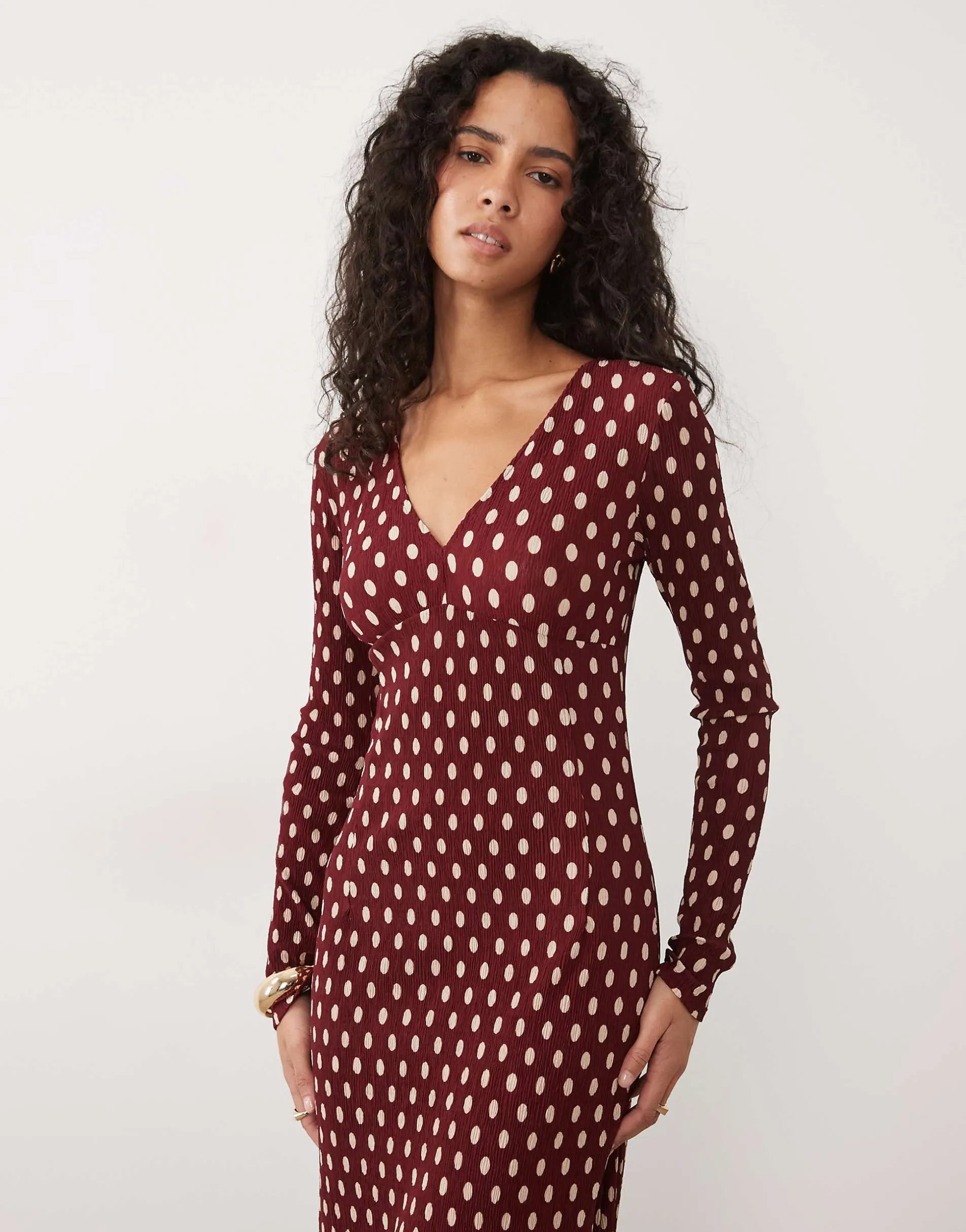Mango plisse v neck long sleeve midi dress in maroon polka dot print