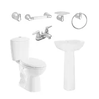 Combo Mantial: Sanitario Manantial Alongado Blanco De 2 Piezas + Lavamanos Manantial Con Pedestal + Grifería Nogal 4 Pulgadas + Kit Accesorios Nogal Cromados 4 Piezas Corona