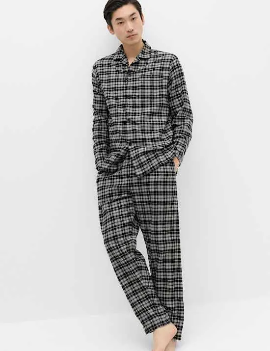 Karierter Pyjama aus reiner angerauter Baumwolle
