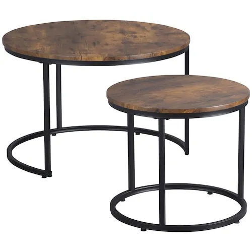 Round Coffee Table Set of 2 Nesting Tables with Metal Frame, Brown
