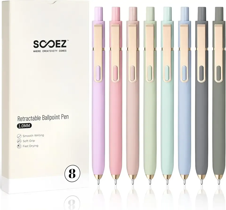 Sooez 8 Pack Ballpoint Pens, 1.0 mm Medium Point Black Ink Pens, Smooth Writing Pen Bulk for Journaling, Soft Grip Cute Pen for Women, Nurse, Office School Supplies, Small Teacher Gifts, Multicolor