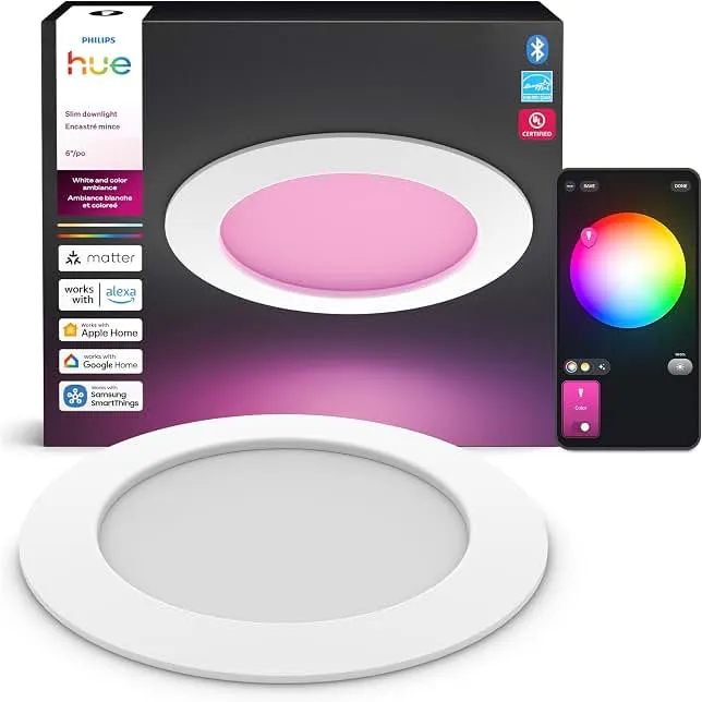 Philips Hue Slim Downlight, Recessed LED Ceiling Light, 1-Pack, White | 6-Inch, Canless Design, Full-Spectrum Daylight 1000K-20000K, 1200 Lum…