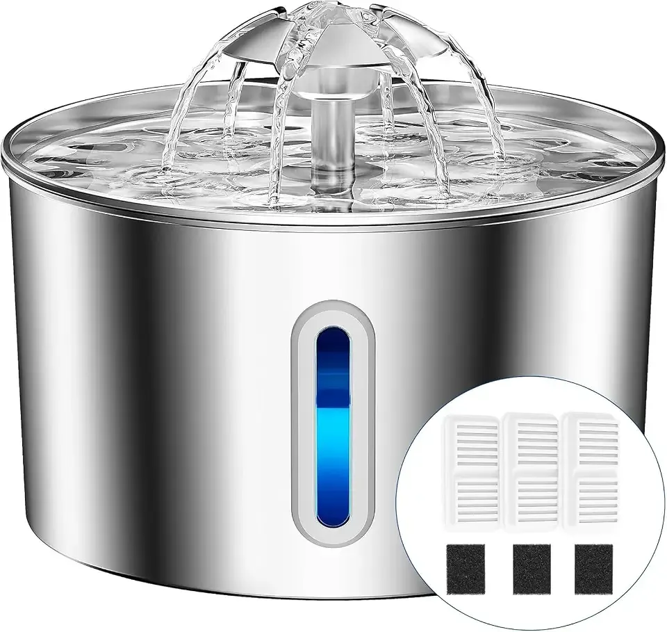 Cat Water Fountain Stainless Steel - 74oz/2.2L Automatic Large Pet Watering Bowl Dispenser for Indoor Dogs - Drinking Fountains with 3 Filter, Gifts for Cats and Kitty - Dog Waterer Bowls No Spill