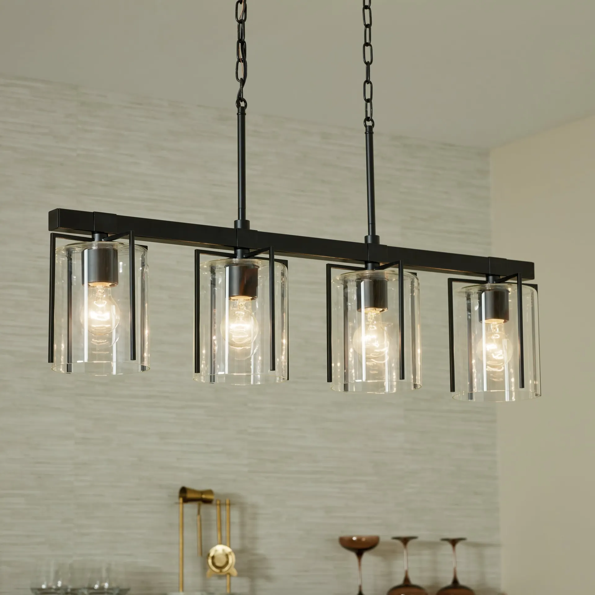 Birk 4 -Light Matte Black Farmhouse Clear glass Linear Large Hanging Kitchen Island Light