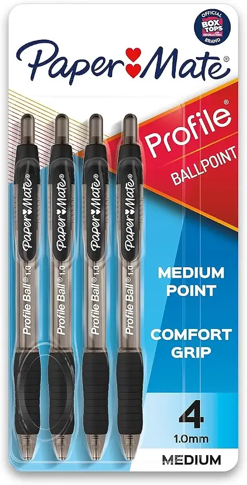 Paper Mate Profile Ballpoint Pen, Retractable, Medium 1 Mm, Black Ink, Translucent Black Barrel, 4/pack