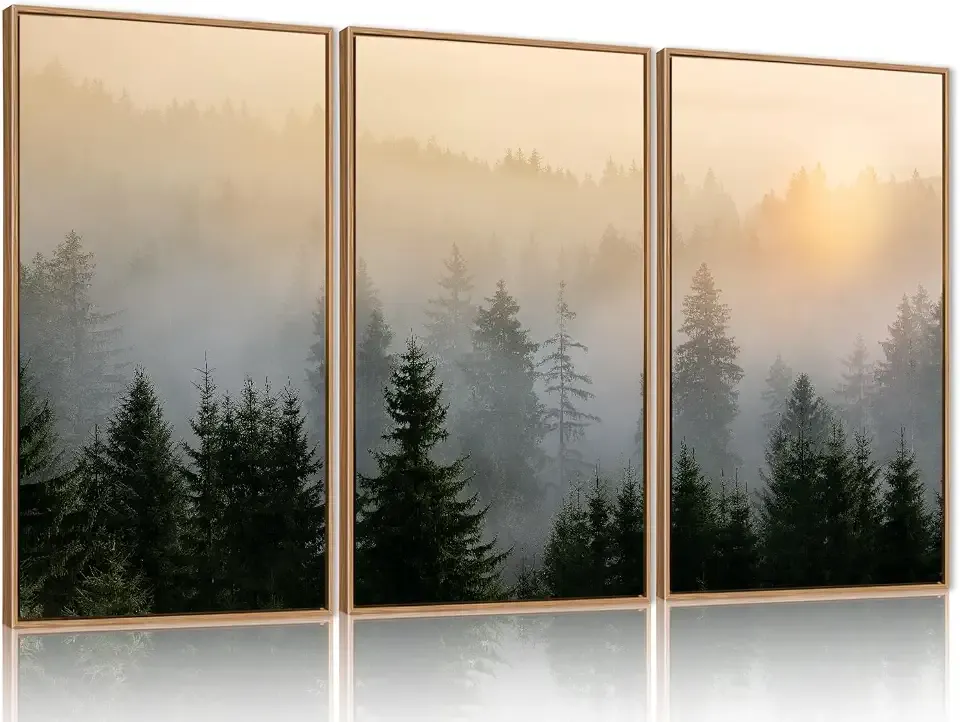FWIEXA Misty Forest Wall Art Set Framed, Large Mountains Canvas Wall Decor, Green Nature Wall Painting, Foggy Tree Landscape Artwork 3 Panel 24x36 Inches for Living Room, Bedroom, Office, Gift