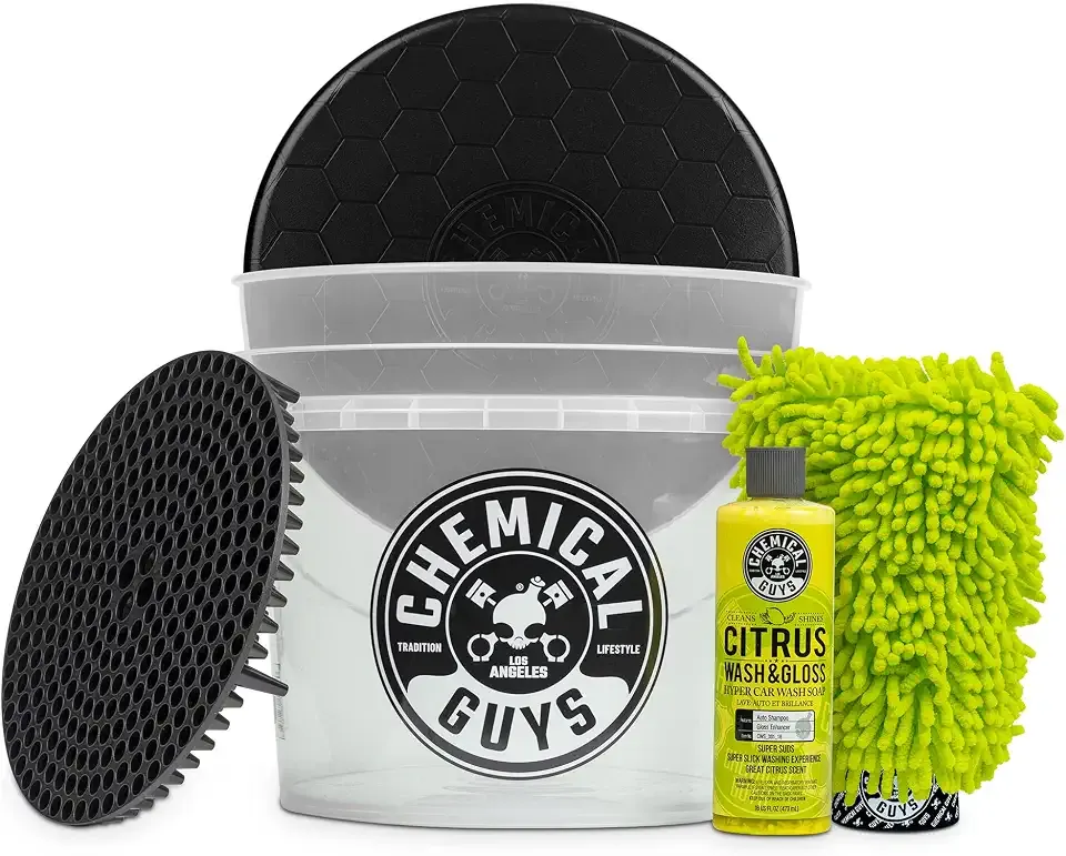 Chemical Guys, Ultimate Car Wash Bucket Kit, Dirt Trap, Mitt, Soap & Lid | Grit guard sinks debris to the bottom so it stays off your paint; a complete starter setup for safe at-home washing