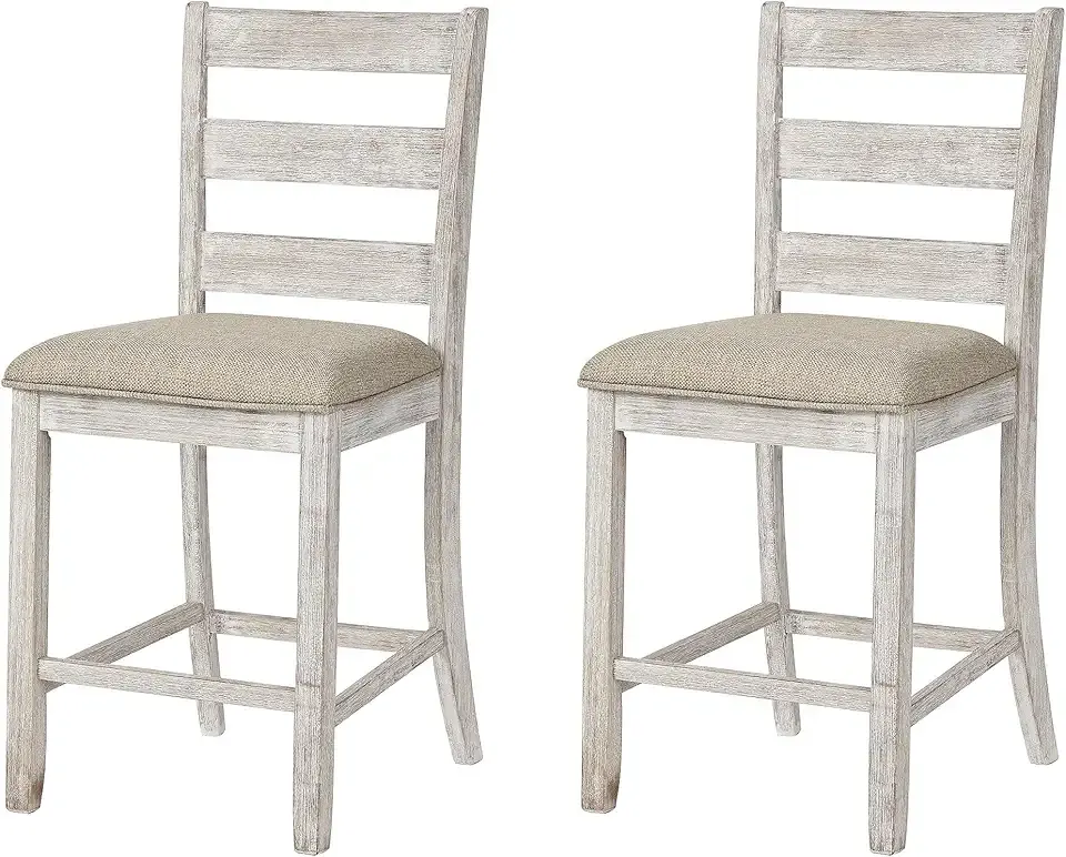 Signature Design by Ashley Skempton | 2-Count 24" Counter-Height Upholstered Bar Stools – Coastal Chic Ladder-Back, Antique White