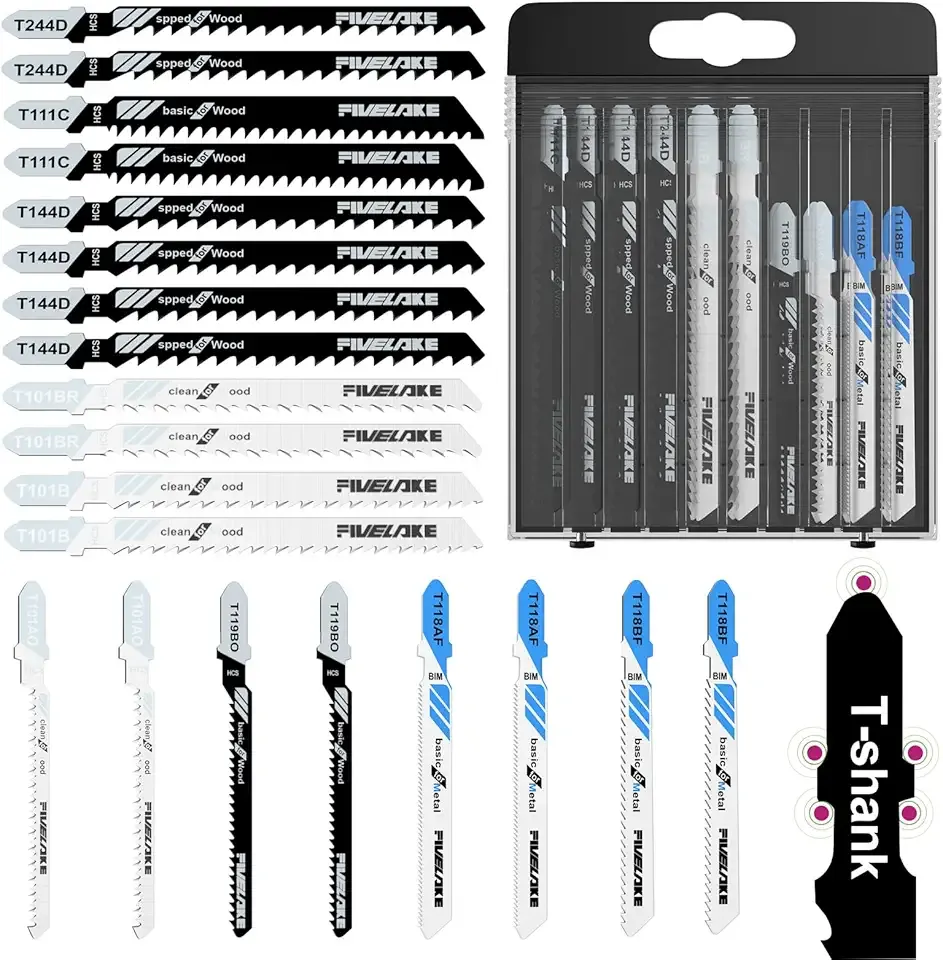 T-Shank Jigsaw Blades Set with Case, 20Pcs Assorted Replacement Jigsaw Blades for Wood, Plastic and Metal Cutting (T118AF, T118BF, T101AO, T119BO, T101B, T101BR, T111C, T244D, T144D)