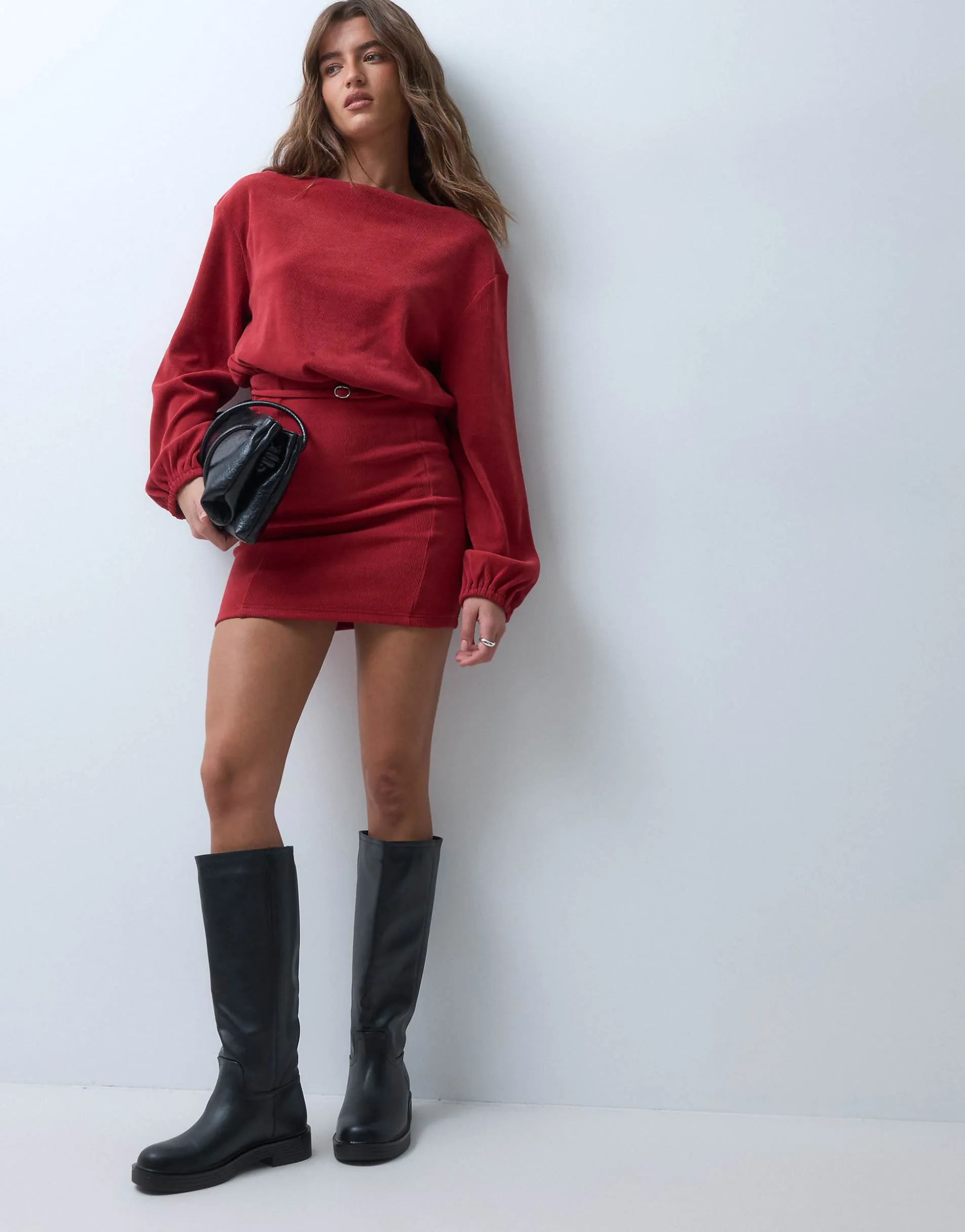 ASOS DESIGN soft cord slash neck belted mini dress in red