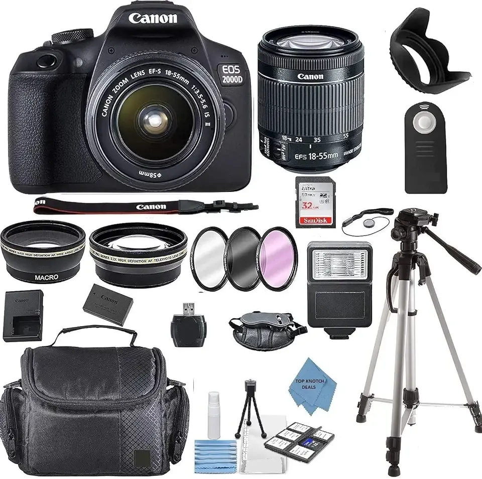 Ultimate Deals Canon EOS 2000D (Rebel T7) DSLR Camera w/Canon EF-S 18-55mm F/3.5-5.6 Zoom Lens + Case + 32GB Memory Card + TopKnotch Kit (Renewed)