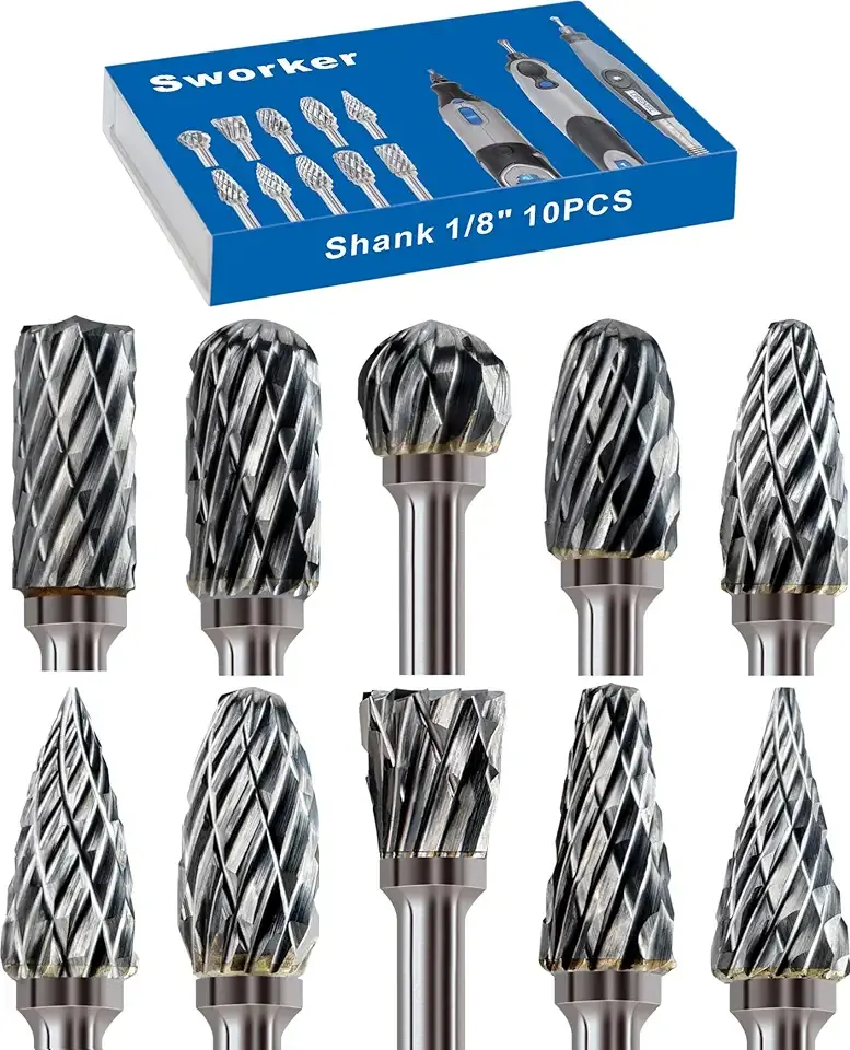 10 Pcs Carbide Burr Set 1/8" Shank Compatible with Dremel Milwaukee Bits Rotary Tools Attachment Kit Rasp Drill File Accessories Metal Wood Stone Steel Grinding Carving Cutting Polishing