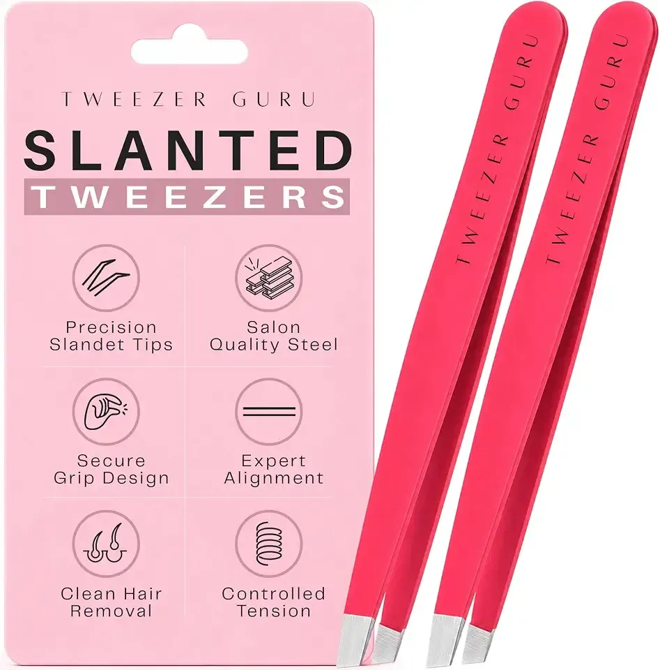 Tweezer Guru Tweezers for Women Facial Hair & Men – Precision Slant-Pointed Eyebrow Tweezer for Ingrown Hair, Blackhead & Splinter Removal (2 Bright Pink)