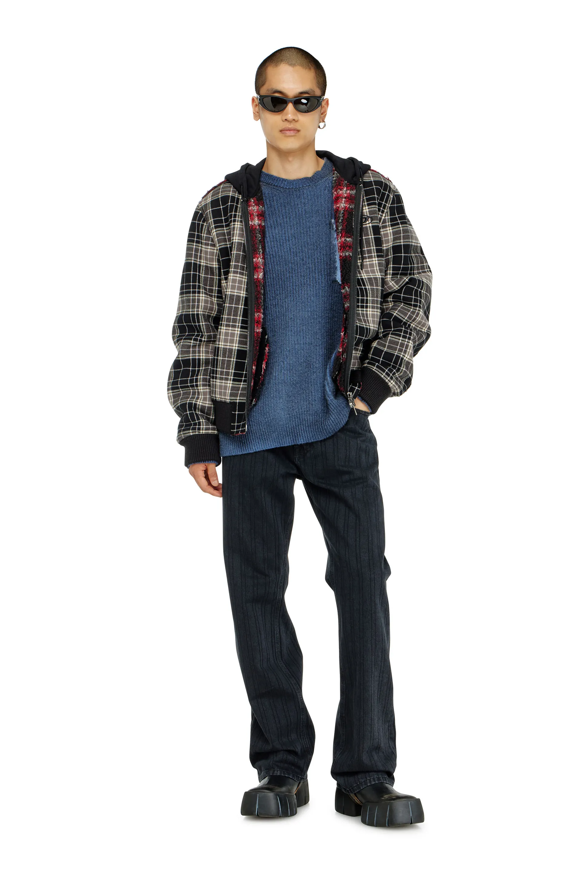Check-flannel bomber jacket with teddy interior