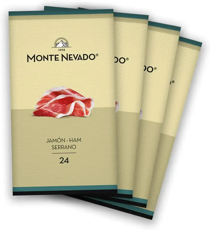 Monte Nevado Serrano Ham Sliced - 3 oz Each, Pack of 4 Units - 24 Months Avg Curing Time - Authentic Jamon Serrano - Great Gift or Special Occasion Snack