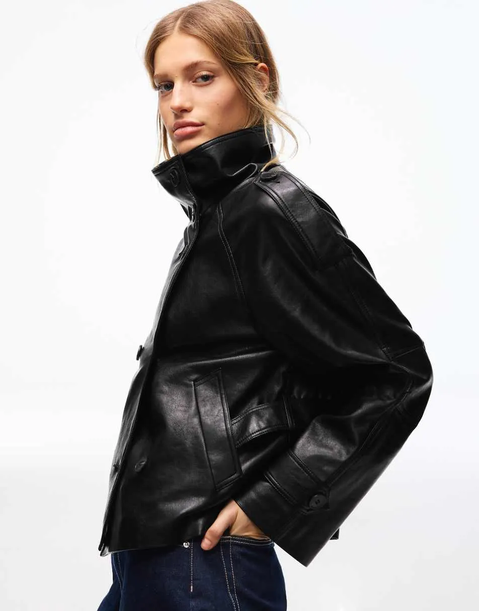 Bershka Short leather effect trench coat in black