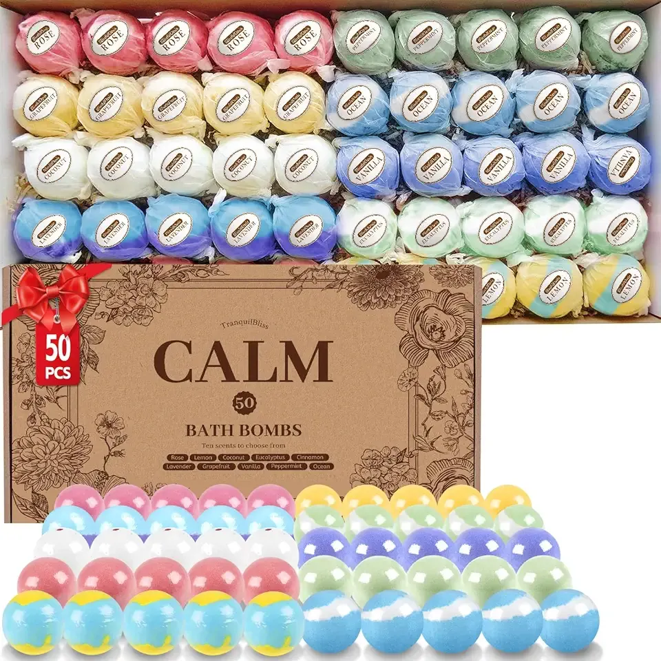TranquilBliss Bath Bombs Set 50 PCS with 10 Rich Scents, Bath Bombs for Women, Natural Bubble Bombs with Shea Butter & Safe Oil, Ideal for Mother's Day, Birthday, Valentines Present (Brown)
