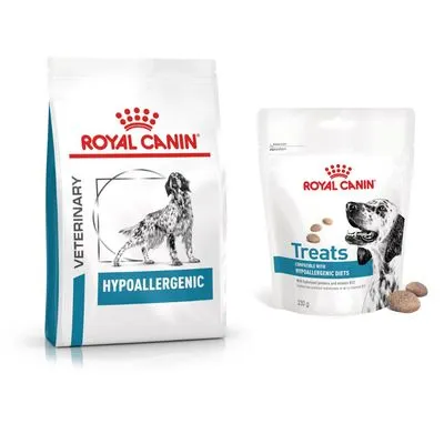 Royal Canin Veterinary Hypoallergenic 2 à 14 kg + friandises 230 g en cadeau !