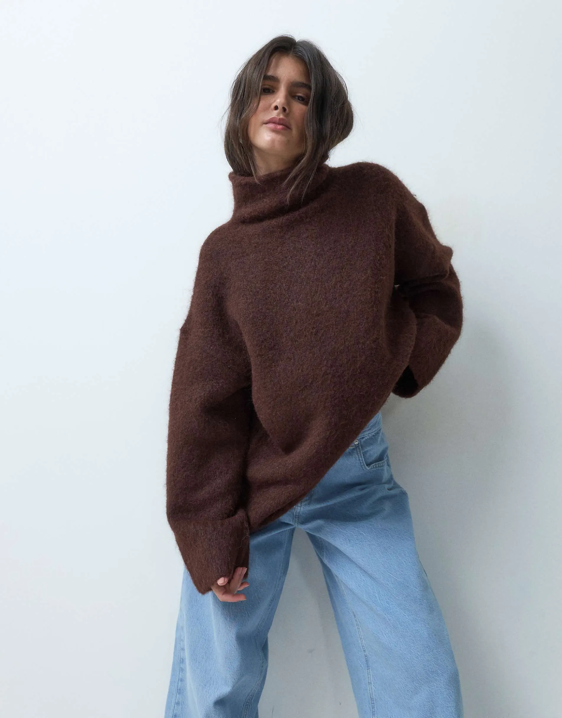ASOS DESIGN rolled edge funnel neck oversized jumper in chocolate