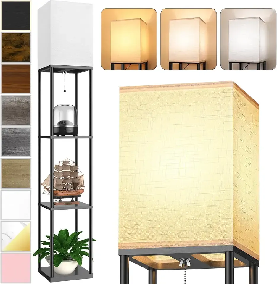 Floor Lamp with Shelves for Living Room, Shelf Floor Lamp with 3 CCT LED Bulb, Corner Display Standing Column Lamp Etagere Organizer Tower Nightstand with White Linen Shade for Bedroom, Office