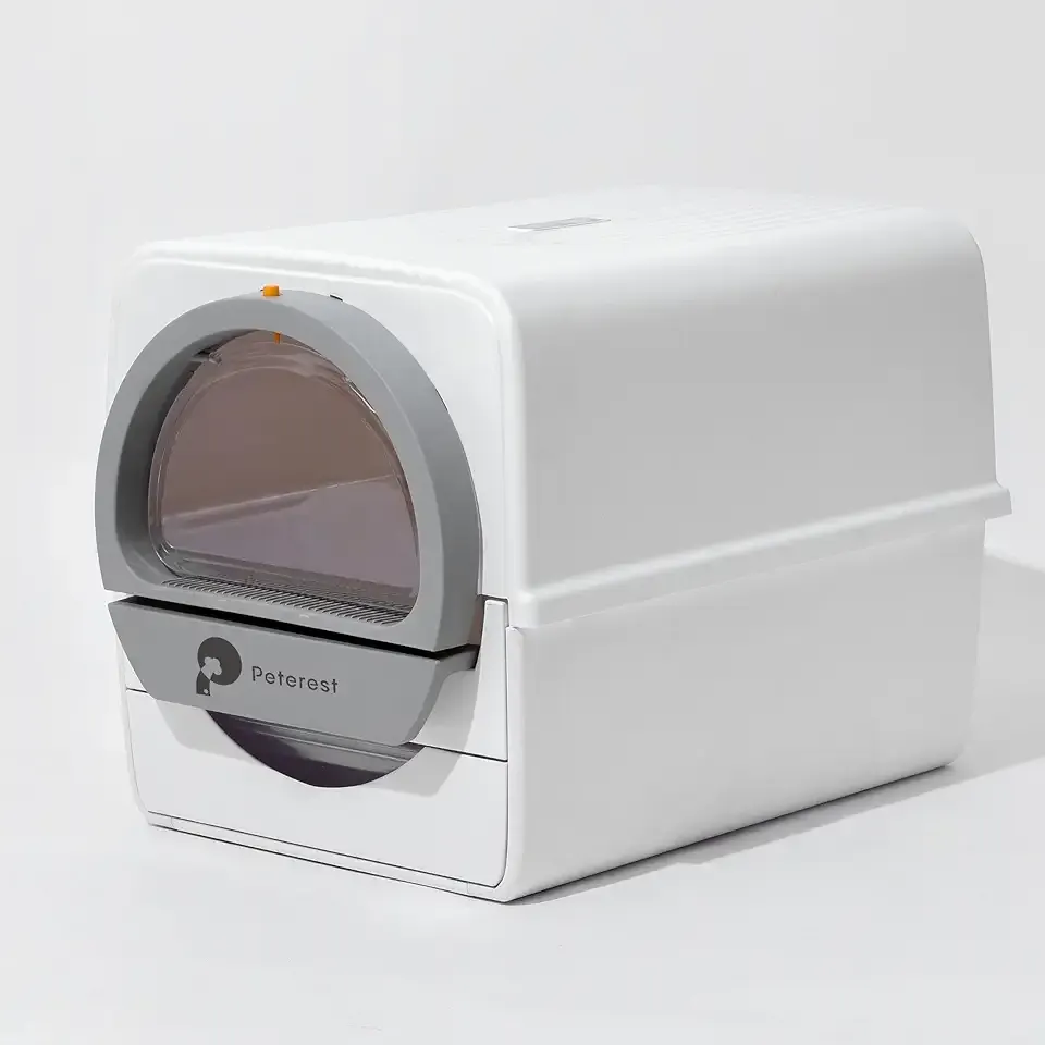 Mechanical Self-Cleaning Cat Litter Box, White/Gray, Anti-Tracking Design with Pull-Push Operation, Detachable Rake, Odor Control, Compatible with Small-Grain Litter,Extra Large