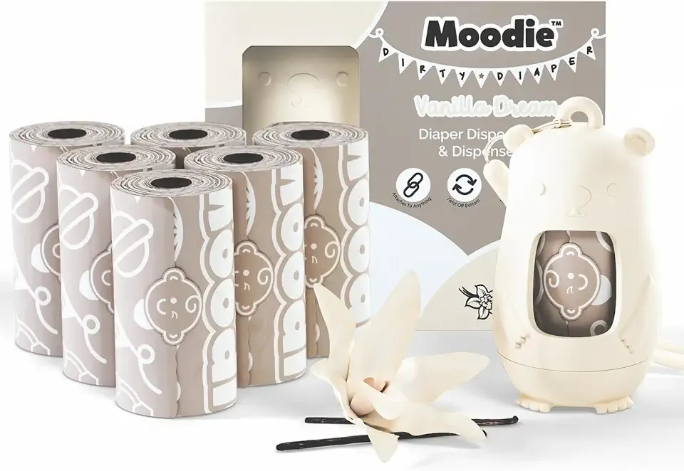 Moodie Disposable Diaper Bags Dispenser COMBO PACK | 105 VANILLA SCENTED Baby Poop Bags TOTAL | Dirty Diaper Trash Bags | Diaper Bags Disposable (VANILLA DREAM)