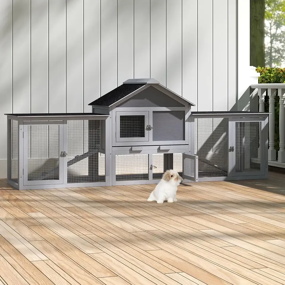 82.5” Large Wooden Rabbit Hutch Outdoor Easy to Assemble Rabbit Cage and Durable Bunny Hutch Indoor with Cleaning Tray & Waterproof Roof for Small and Medium Bunny Rabbit Chick (Grey)