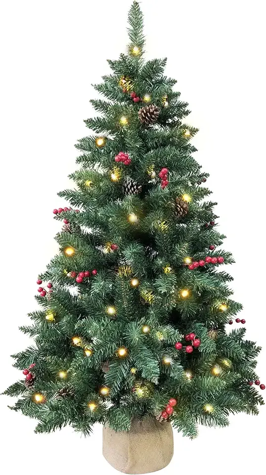 4ft Pre-lit Christmas Tree,Artificial Pine 300 PVC Branches Tips with 20 Red Berries & 20 Pinecone & 100 LED Lights & Burlap Wrapped Base Decor Xmas Tree