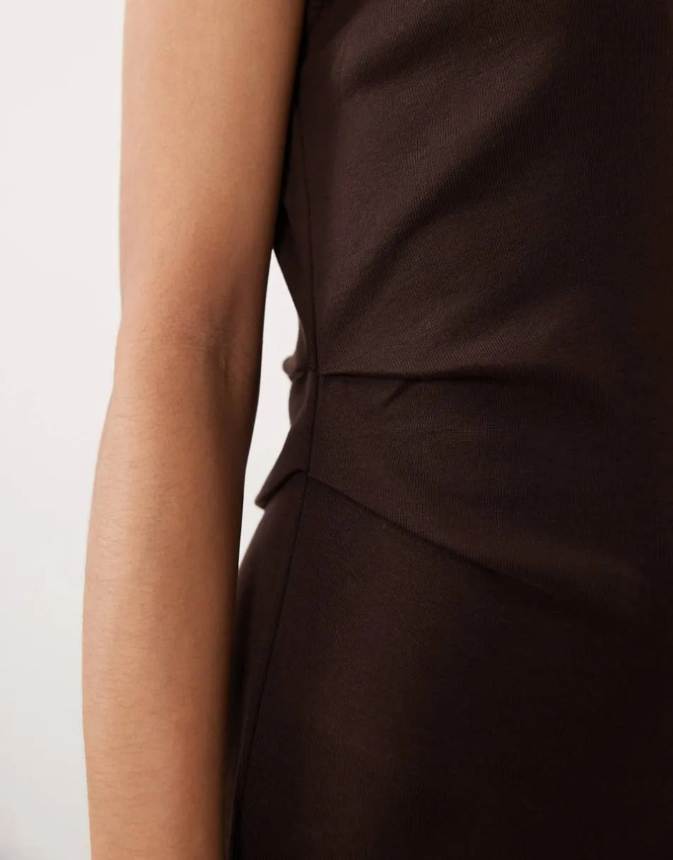Mango cap sleeve midi dress with ruched waist in brown