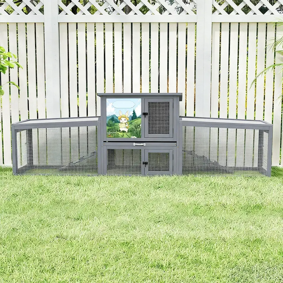 COZIWOW 95inches Extra Large Wood Rabbit Hutch Outdoor Easy to Assemble and Stable Bunny Cage Indoor with Cleaning Tray & Waterproof Roof for Small and Medium Bunny Rabbit Chick（Grey with Pattern）