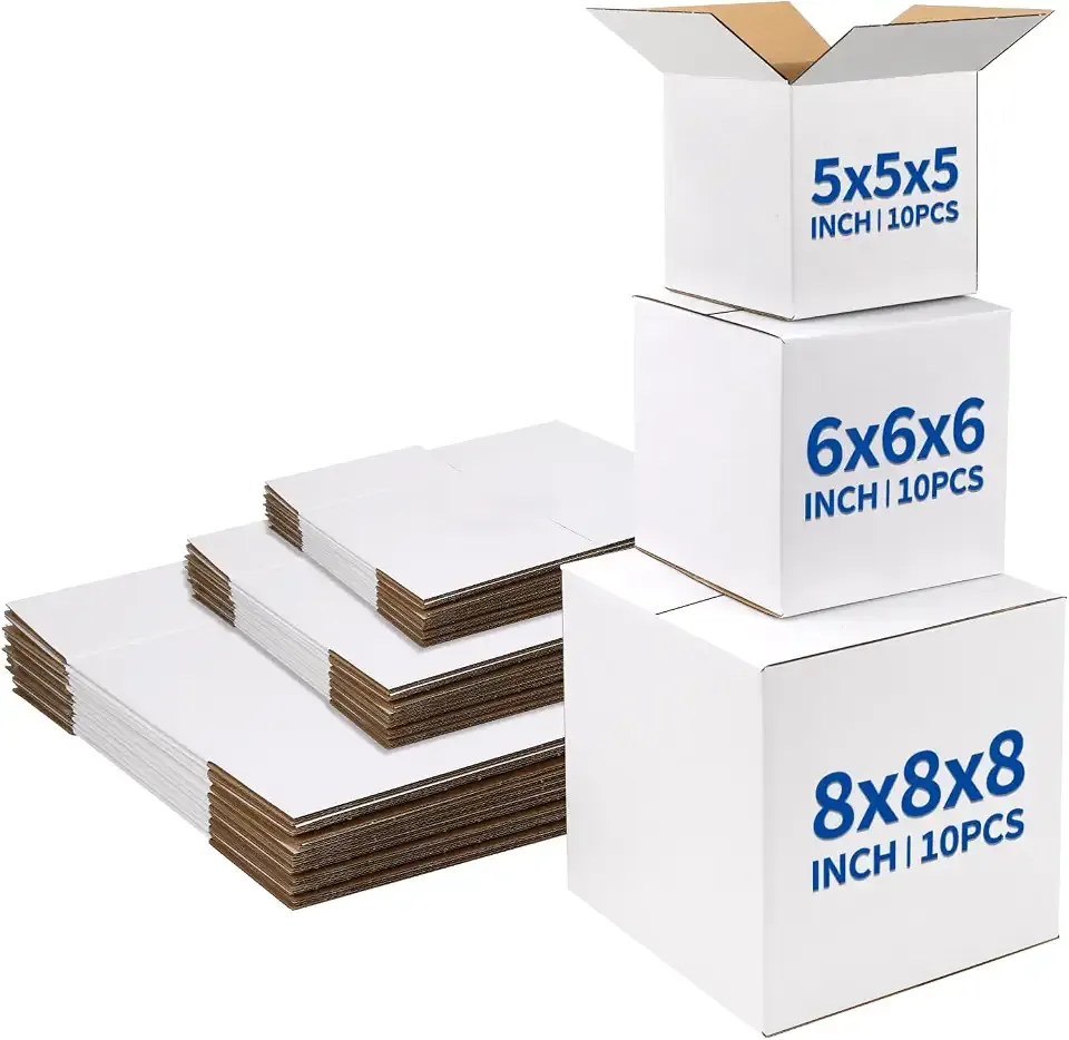 CRUGLA Assorted Sizes Shipping Boxes 30 Pack (8x8x8, 6x6x6, 5x5x5), White Corrugated Cardboard Mailers, Each 10 PCS Small Boxes for Small Business Packaging, Shipping & Storage