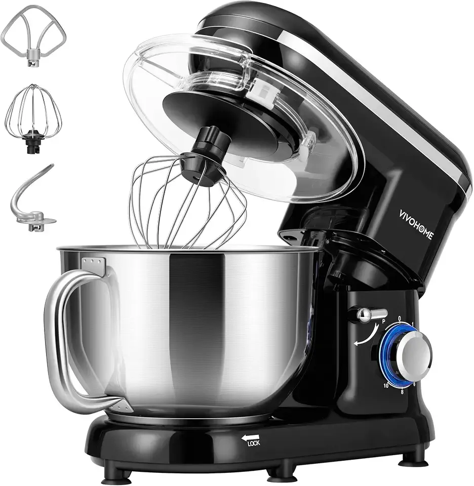 VIVOHOME Stand Mixer, 6-Quart Tilt-Head Kitchen Mixer with Bowl, Black | 10 Speeds, Dough Hook, Beater, Whisk, Splash Guard, Egg Separator, for Cake & Bread
