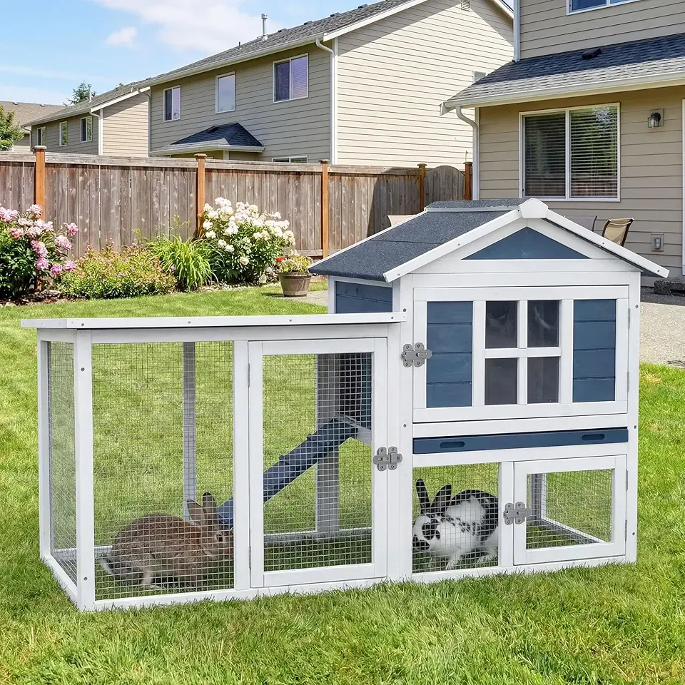Large Outdoor Rabbit Hutch with Waterproof Asphalt Roof, 54.7” x 24.2” x 34” Wooden Bunny Cage for 2 Rabbits, Guinea Pigs & Chickens, Easy-Clean Pull-Out Tray & Anti-Rust Metal Door