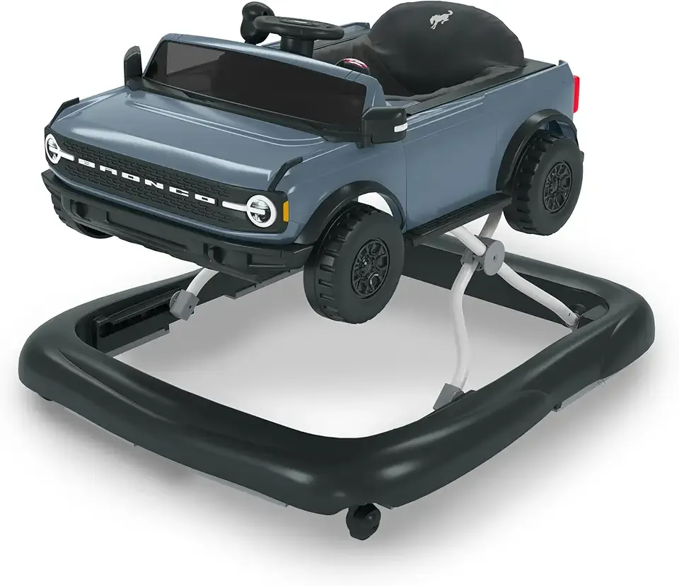 Bright Starts Ford Bronco 4-in-1 Blue Grey Baby Activity Center & Push Walker with Removable Interactive Steering Wheel -Toy, 6 Months and up