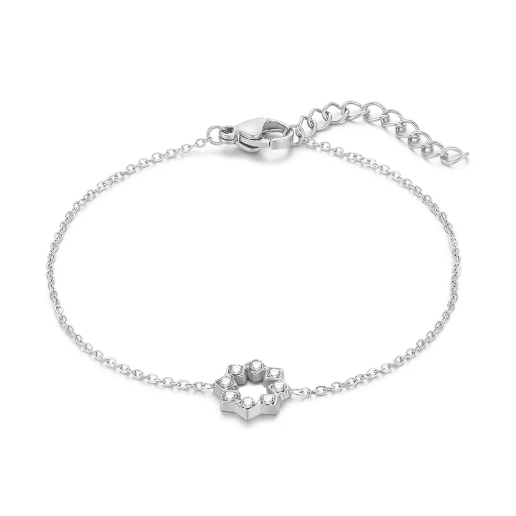 Armband in edelstaal, bloem, kristallen