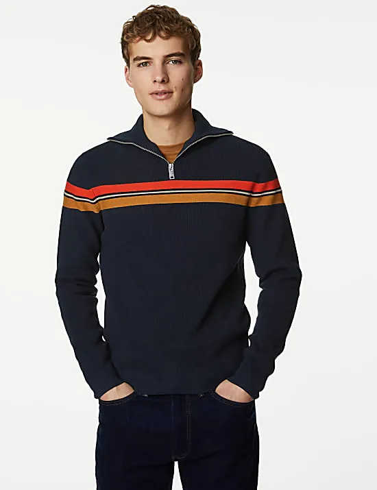 Gestreifter Pullover mit Stehkragen und halbem Reißverschluss