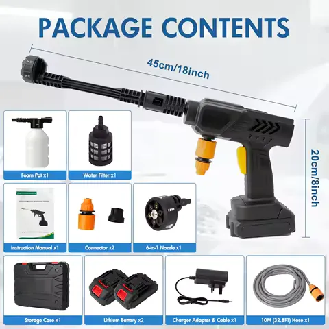 Cordless Pressure Washer Gun 3200rpm 6-in-1 Nozzle 21V 500PSI Electric Power 10M (32.8FT) Hose for Floor Cleaning Car Washing