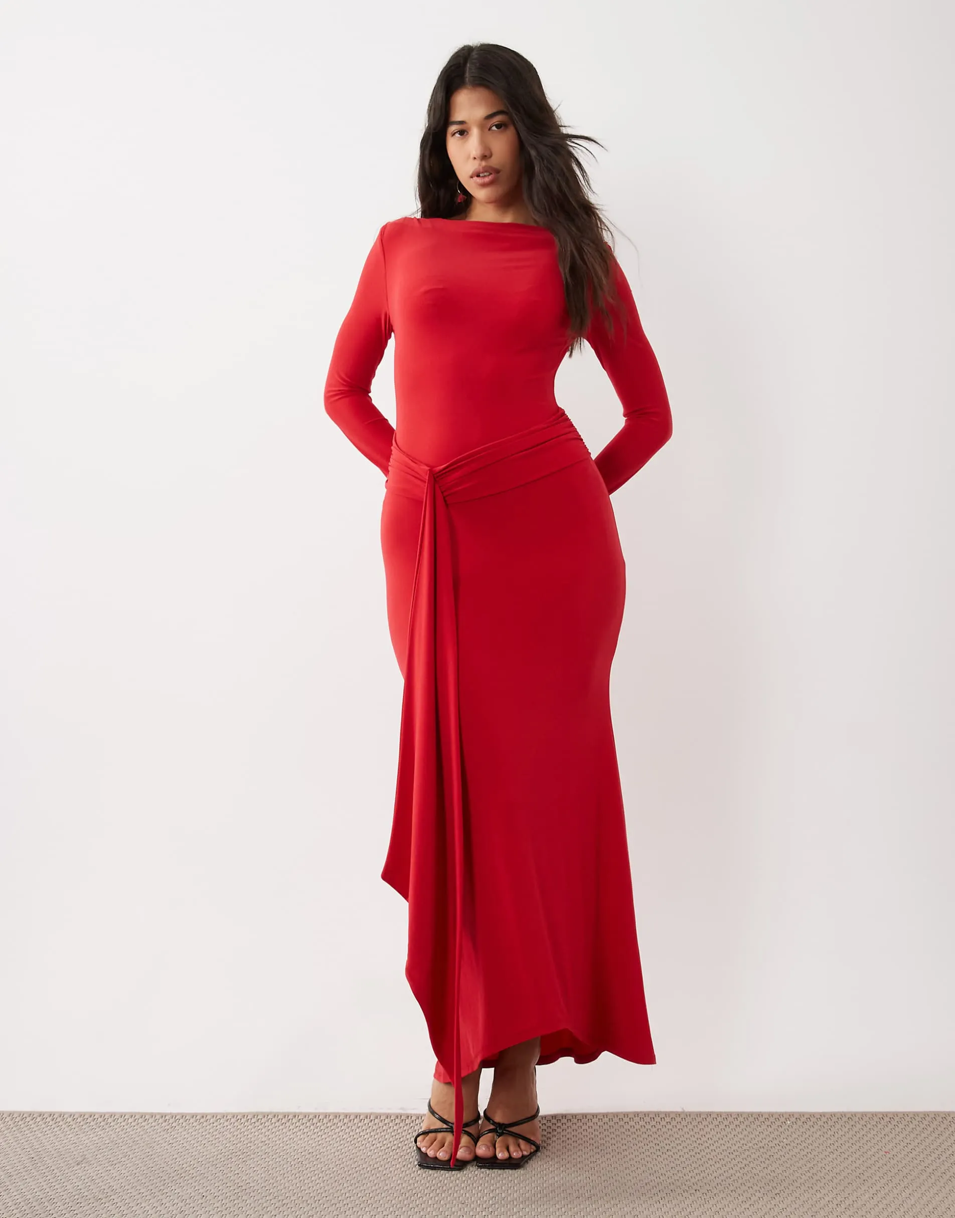 Daska long sleeve slinky tie waist detail maxi dress in red