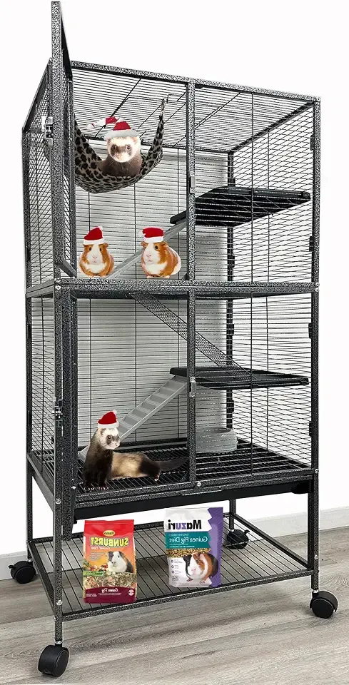 Large Two Full Story Deluxe Double Unit Small Animal Critters Rolling Cage | Habitat for Rats Chinchillas Ferrets Sugar Gliders, Sturdy Wrought Iron, Durable Full-Width Doors, Hammock Water Bottle Bowl