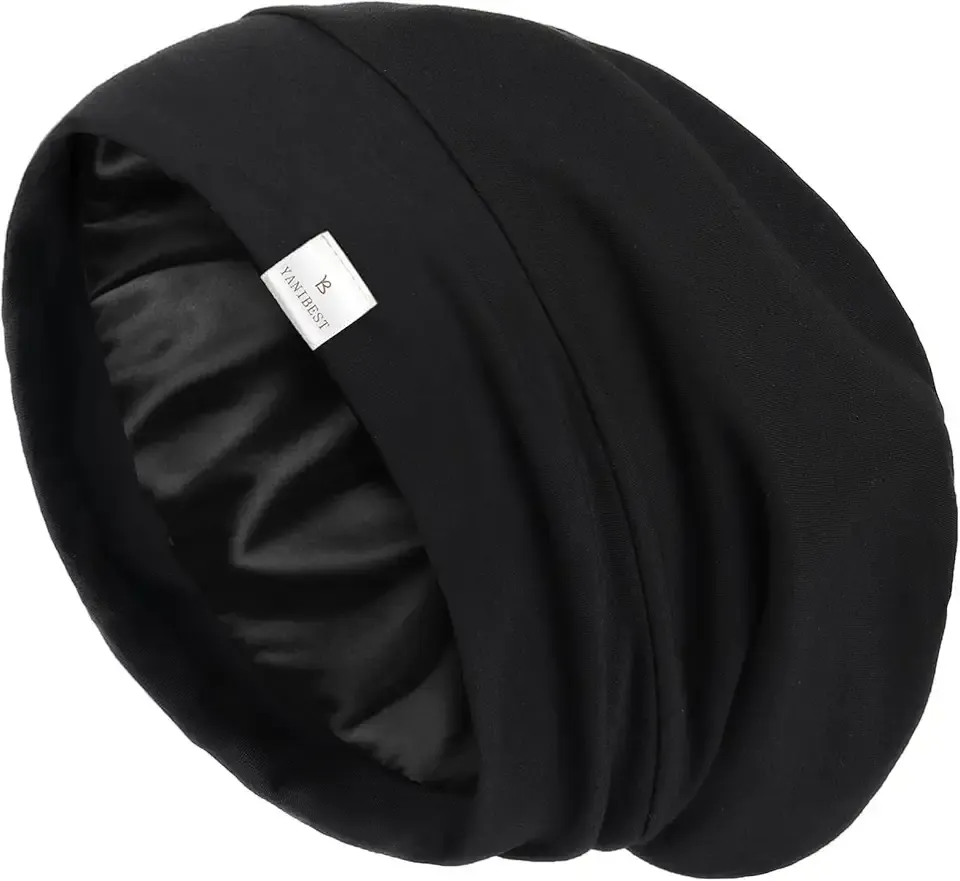 Hair Cover Bonnet Satin Sleep Cap - Adjustable Stay on Silk Lined Slouchy Beanie for Night Sleeping Surgical Hats Pure Black