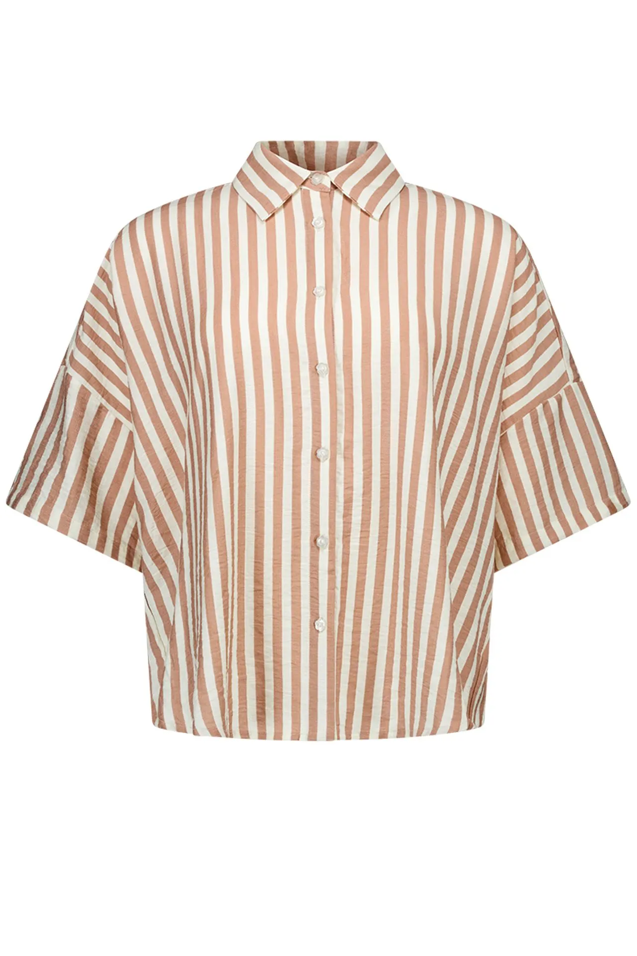 Ecru/bruin gestreepte blouse