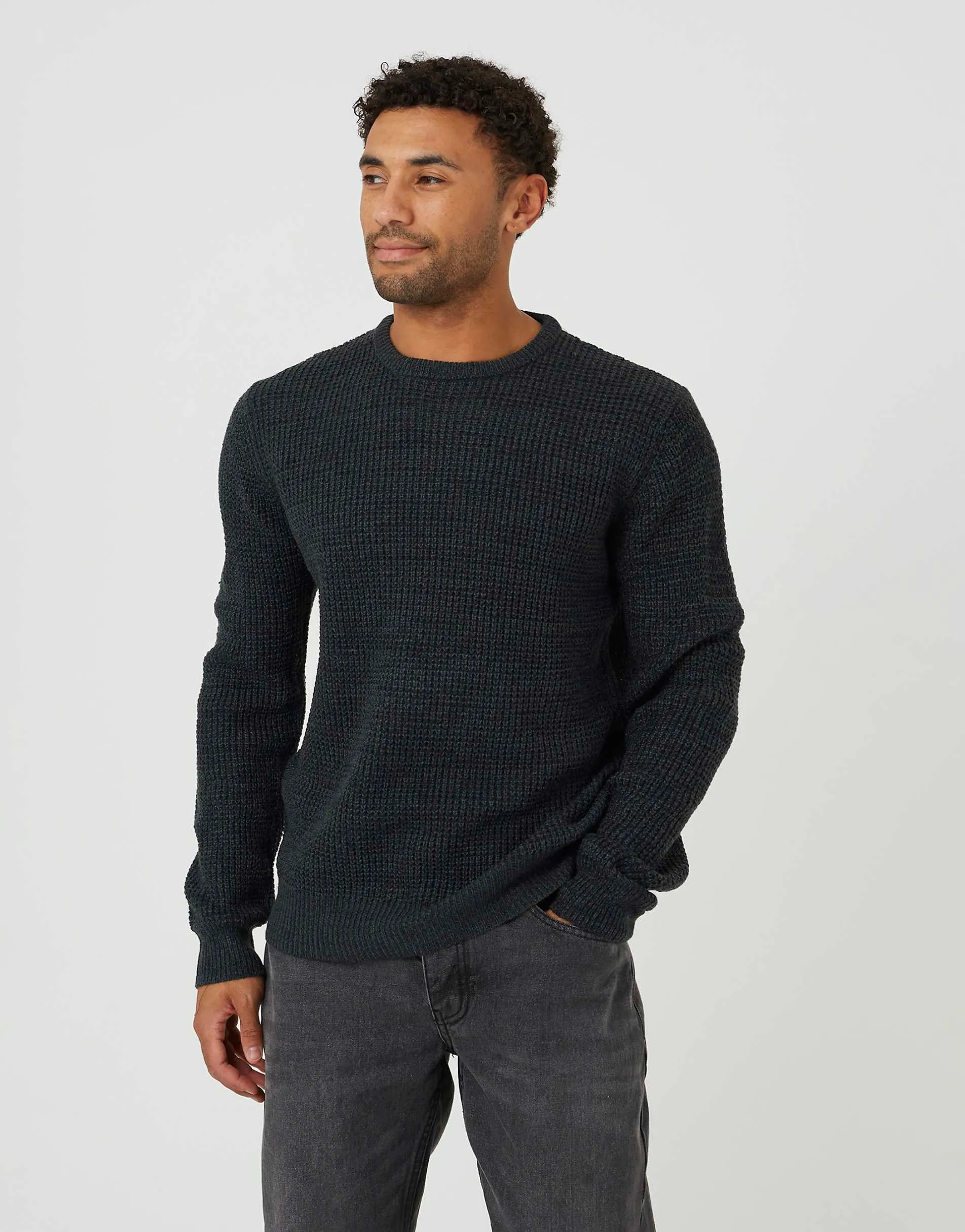 Brave Soul Crew neck textured knit jumper in black